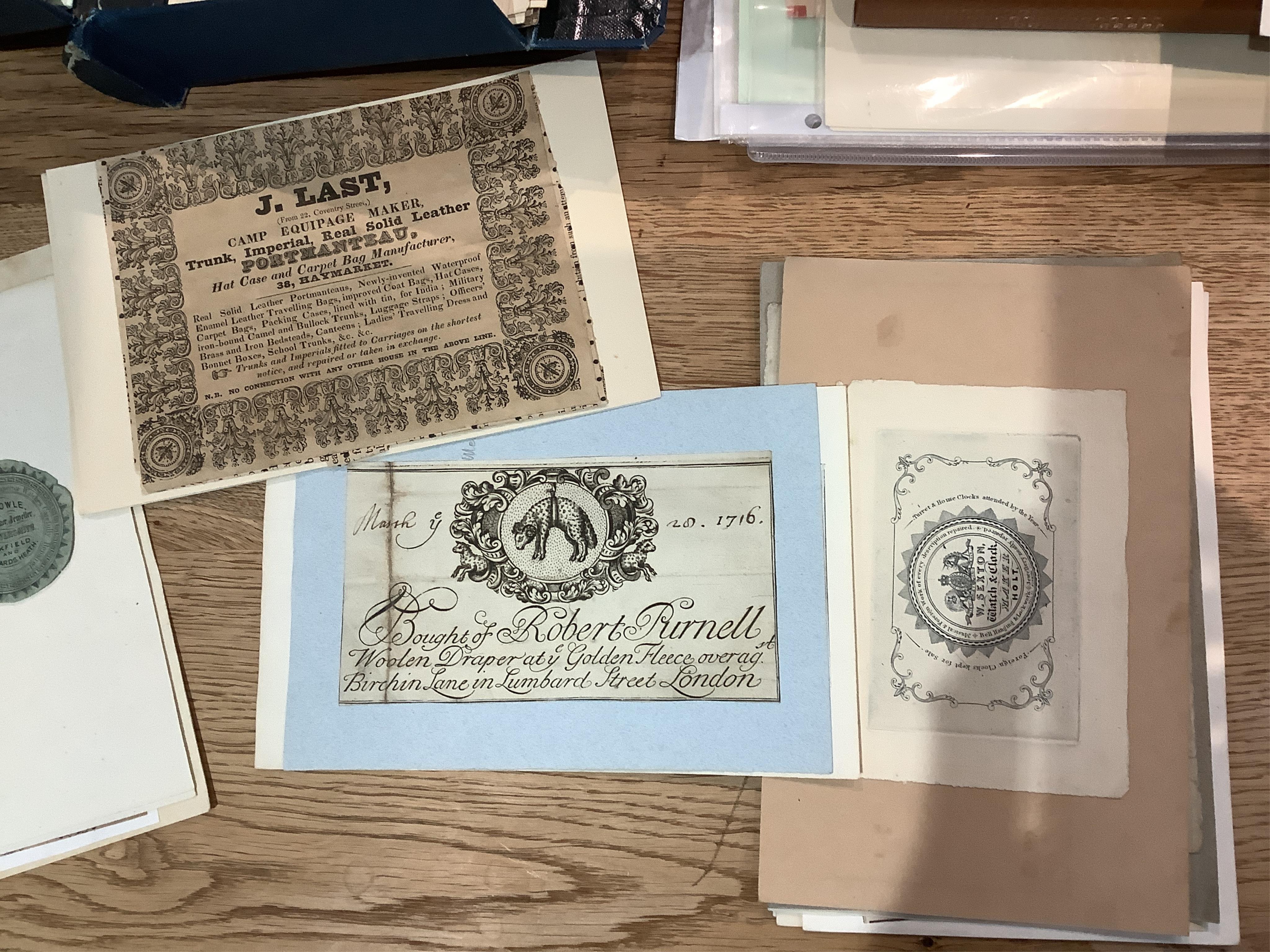 A collection of 18th century and later trade cards and ephemera, many relating to businesses and libraries, etc in Brighton and Sussex. Condition - fair to good.